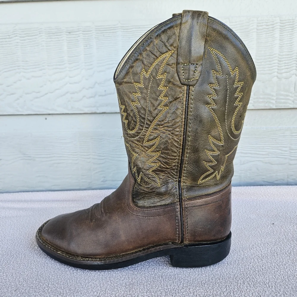 Old West Brown Leather Square Toe Western Cowboy Boot Youth SZ 1.5 Embroidered